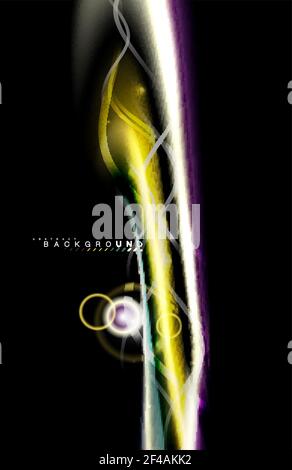 Color shiny light effects on black, liquid style multicolored wavy shape. Color shiny light effects on black, liquid style multicolored wavy shape. Artistic illustration for presentation, app wallpaper, banner or poster, geometric design Stock Vector