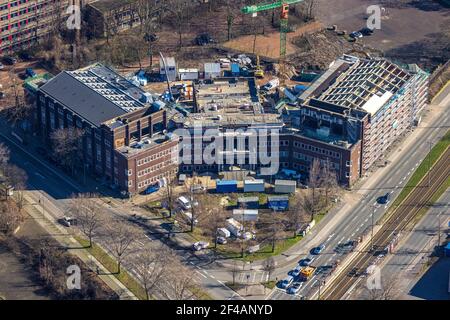 Aerial photograph, , construction site for planned office building, former Hamborn municipal swimming pool, corner of Duisburger Straße, Walther-Rathe Stock Photo