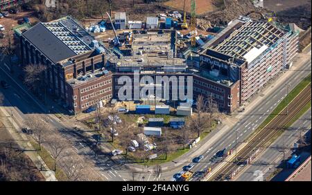 Aerial photograph, , construction site for planned office building, former Hamborn municipal swimming pool, corner of Duisburger Straße, Walther-Rathe Stock Photo