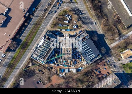 Aerial photograph, , construction site for planned office building, former Hamborn municipal swimming pool, corner of Duisburger Straße, Walther-Rathe Stock Photo