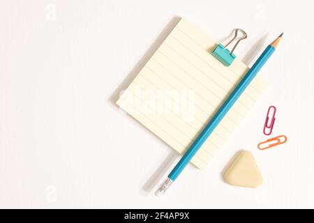 School stationary supplies on white background. Banner with workspace concept Stock Photo