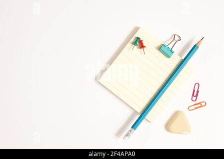 School stationary supplies on white background. Banner with workspace concept Stock Photo