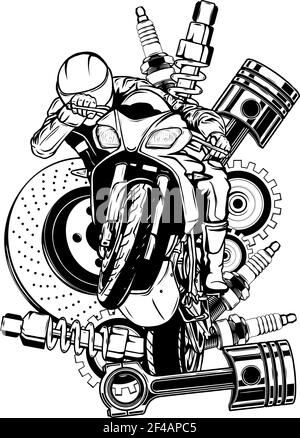 draw in black and white of Vector illustration of motorbike with Spares design Stock Vector