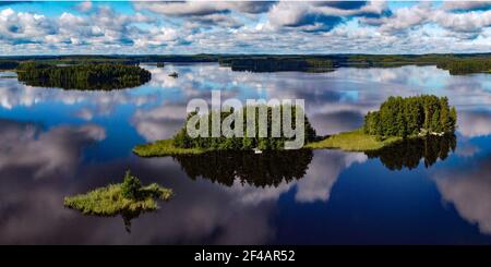 Panorama of three Islands called Muutosaaret near Leppävirta in Savo Finland photographed with a drone Stock Photo