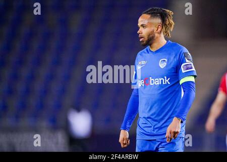 GENK, BELGIUM - MARCH 19: Theo Bongonda of KRC Genk during the Jupiler Pro League match between KRC Genk and Standard de Liege at Cristal Arena on Mar Stock Photo