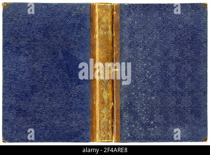 Old open book cover with leather spine, golden floral ornaments and unusual abstract embossed pattern on paper (circa 1850), isolated on white Stock Photo