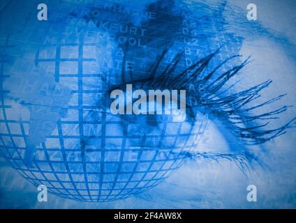 Digital composite image of web icon and world map against close up of female human eye Stock Photo