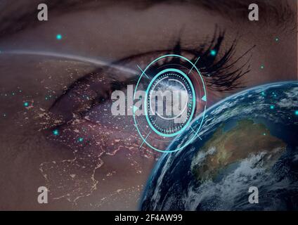 Digital composite image of round scanner and globe against close up of female human eye Stock Photo