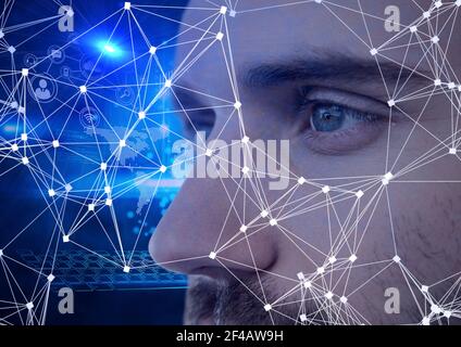 Digital composite image of network of connections against close up of male human eyes Stock Photo