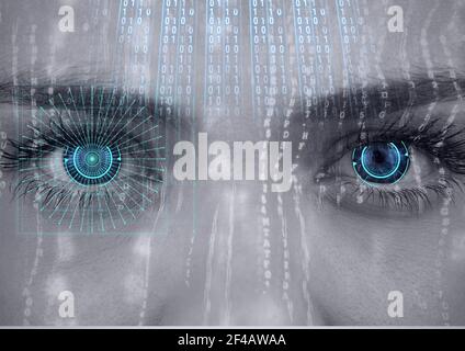 Binary coding data processing against close up of female human eye Stock Photo