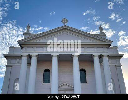 Deatil of the Doric columns and pediment of the Holy Rosary Catholic Church, in Bundaberg, Queensland, Australia Stock Photo