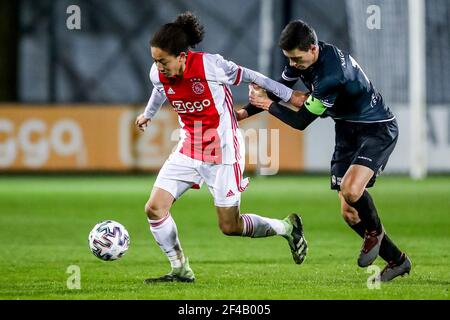 AMSTERDAM, NETHERLANDS - MARCH 19: Kian Fitz Jim of Ajax U23, Luc Mares of MVV Maastricht during the Dutch Keukenkampioendivisie match between Ajax U2 Stock Photo