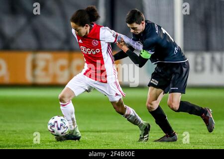 AMSTERDAM, NETHERLANDS - MARCH 19: Kian Fitz Jim of Ajax U23, Luc Mares of MVV Maastricht during the Dutch Keukenkampioendivisie match between Ajax U2 Stock Photo