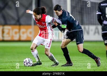 AMSTERDAM, NETHERLANDS - MARCH 19: Kian Fitz Jim of Ajax U23, Luc Mares of MVV Maastricht during the Dutch Keukenkampioendivisie match between Ajax U2 Stock Photo