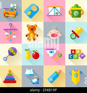 Set of vector icon set baby toys, feeding development  and care Stock Vector