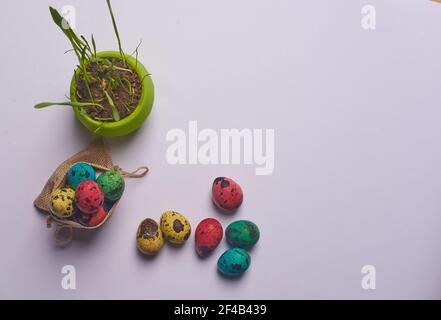 a pot of grass and a bag of Easter eggs Stock Photo