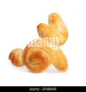 Easter bread bunny. Cute rabbit shaped yeast bread bun. Fun home made decoration for Easter holiday. Swiss butter bread recipe called Zopf. Concept fa Stock Photo
