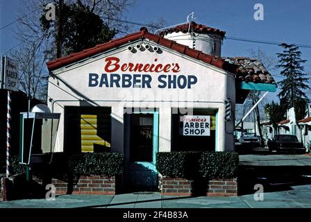 1970's United States -  Ber Neice's Barber Shop San Bernardino California ca. 1977 Stock Photo