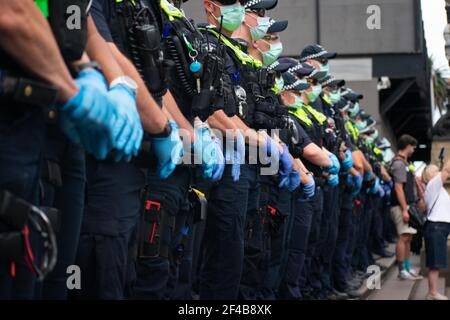 Melbourne, Australia. 20th Mar 2021. Police guard Parliament House against a worldwide protest for freedom against the COVID-19 vaccination. March 20, Melbourne, Australia. Credit: Jay Kogler/Alamy Live News Stock Photo