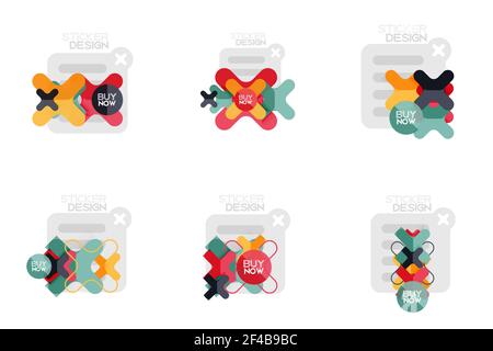 Set of flat design geometric stickers and labels, price tags, offer promotion badges, icon designs, paper style with buy now sample text, for business or web presentations, app or interface buttons. Set of flat design geometric stickers and labels, price tags, offer promotion badges, icon designs, paper style with buy now sample text, for business or web presentations, app or interface buttons, internet website store banners Stock Vector