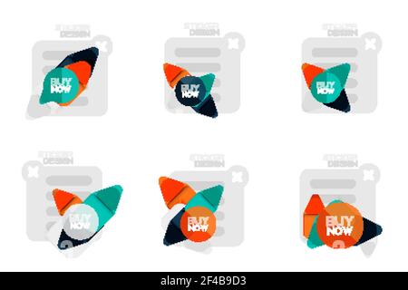 Set of flat design geometric stickers and labels, price tags, offer promotion badges, icon designs, paper style with buy now sample text, for business or web presentations, app or interface buttons. Set of flat design geometric stickers and labels, price tags, offer promotion badges, icon designs, paper style with buy now sample text, for business or web presentations, app or interface buttons, internet website store banners Stock Vector