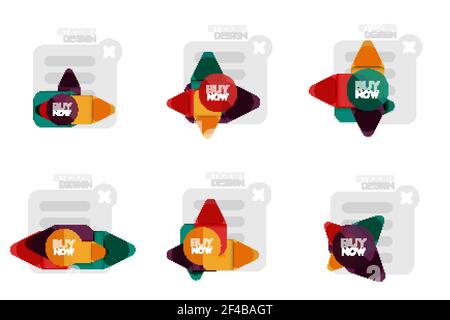 Set of flat design geometric stickers and labels, price tags, offer promotion badges, icon designs, paper style with buy now sample text, for business or web presentations, app or interface buttons. Set of flat design geometric stickers and labels, price tags, offer promotion badges, icon designs, paper style with buy now sample text, for business or web presentations, app or interface buttons, internet website store banners Stock Vector