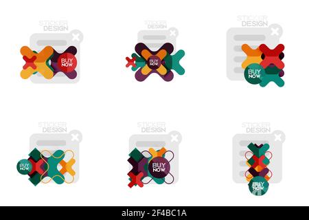 Set of flat design geometric stickers and labels, price tags, offer promotion badges, icon designs, paper style with buy now sample text, for business or web presentations, app or interface buttons. Set of flat design geometric stickers and labels, price tags, offer promotion badges, icon designs, paper style with buy now sample text, for business or web presentations, app or interface buttons, internet website store banners Stock Vector