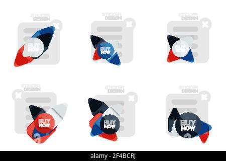 Set of flat design geometric stickers and labels, price tags, offer promotion badges, icon designs, paper style with buy now sample text, for business or web presentations, app or interface buttons. Set of flat design geometric stickers and labels, price tags, offer promotion badges, icon designs, paper style with buy now sample text, for business or web presentations, app or interface buttons, internet website store banners Stock Vector
