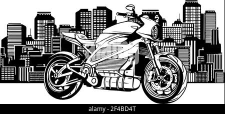draw in black and white of city landscape with fast motorbike vector illustration Stock Vector