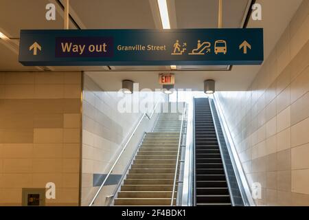 Interior of the Waterfront Station escalator. Skytrain Canada Line subway. Vancouver, Canada. Stock Photo