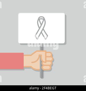 Hand holding white board. Banner with minimal icon. Ribbon awareness symbol. Concept of protest. Vector illustration, flat style. Stock Vector