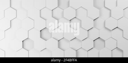 Hexagons or honeycombs tiles, 3D rendering hexagonal wallpaper, geometric illustration, abstract background with white color Stock Photo