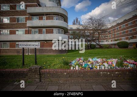 LONDON, ENGLAND - MARCH 19: Sign and Flowers in Memory of Sarah Everard along the A205 Poynders Road, at the junction with Cavendish Road in Clapham,