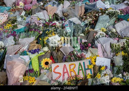 LONDON, ENGLAND - MARCH 19.Sign and Flowers in Memory of Sarah Everard on Clapham Common, London UK
