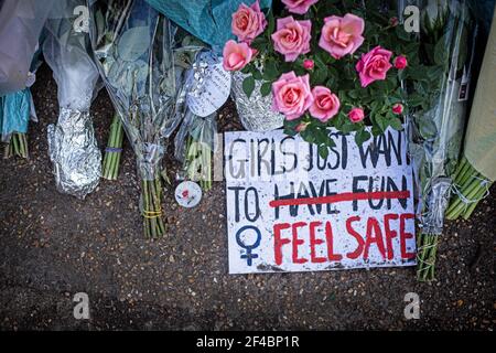 Sign and Flowers in Memory of Sarah Everard on Clapham Common, London UK. Stock Photo