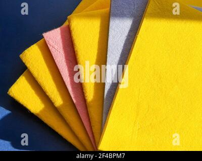 Colorful, dry microfiber cloths for different surfaces cleaning in kitchen, bathroom and other rooms. Cleaning service concept. Regular clean up Stock Photo
