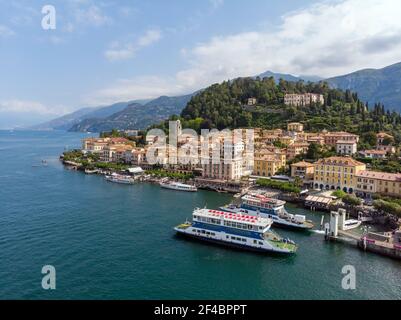 Aerial view of Bellagio with ferry, Lake of Como, Italy Stock Photo