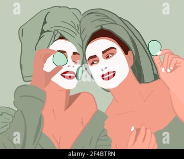 Illustration two women using homemade organic natural cosmetic. Self-care day with a facial mask and cucumbers on her eyes. Self care concept 2021. Stock Photo
