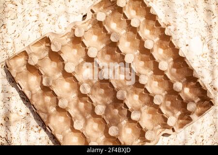 Protective cardboard packaging for storing eggs. Empty biodegradable molded egg box made of paper pulp. Stock Photo