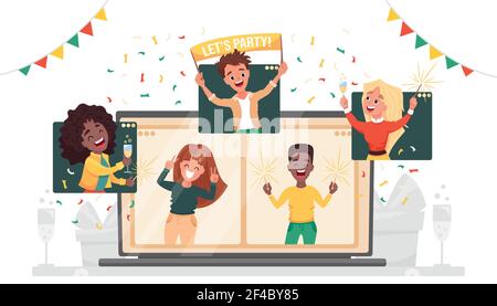 Online party. Virtual New Year company party. Diverse people dancing and chatting celebrating the holiday on via video call. Friends meeting up online Stock Photo
