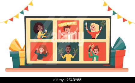 Online virtual house party. Diverse people dancing and chatting celebrating the holiday on via video call. Friends meeting up online. Vector cartoon f Stock Photo