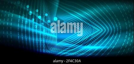 Neon glowing wave, magic energy and light motion background. Wallpaper template, hi-tech future concept. Neon glowing wave, magic energy and light motion background. Vector wallpaper template, hi-tech future concept Stock Vector