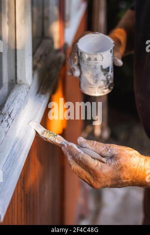 Senior man painting wooden windows using paintbrush. Repairing exterior of old house. Stock Photo