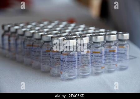 Non Exclusive: NEZAHUALCOYOTL, MEXICO - MARCH 19: Medical personnel prepare Sinovac Covid-19 vaccine injections for adults over 60 years of age at the Stock Photo