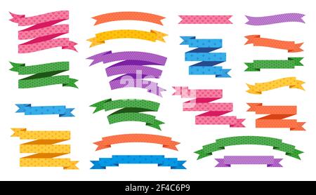 Set of colorful vintage ribbons with pattern isolated on white. Retro ribbon banner in modern simple flat design. Design elements for decor postcards Stock Photo