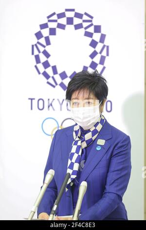 Tokyo Governor Yuriko Koike attended the meeting from the Tokyo Metropolitan Government Office, and the five-party conference was held. Tokyo Governor Yuriko Koike was interviewed after the five-way meeting on March 20, 2021 in Tokyo, Japan. Seiko Hashimoto, President of the Tokyo Organizing Committee for the Olympic and Paralympic Games (Tokyo 2020), Thomas Bach, President of the International Olympic Committee, Andrew Parsons, President of the International Paralympic Committee, Tamayo Marukawa, Minister of State for the Tokyo Olympic and Paralympic Games attended remotely from the Tokyo Met Stock Photo