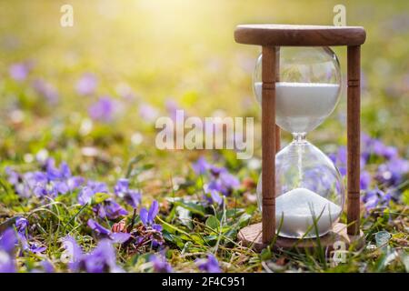 Spring is coming. Hourglass in flowers as a symbol of springtime. Change season. Hourglass in daylight saving time Stock Photo