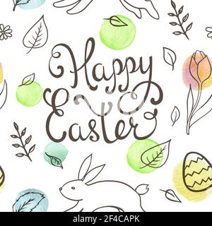 Hand drawn doodle Easter seamless pattern with rabbit and leaves on a white background Stock Vector