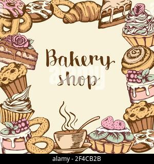 Vintage hand drawn vector background with bakery products and sweet cakes. Stock Vector