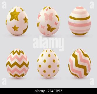Set of pink decorative vector Easter eggs with golden glittering elements Stock Vector